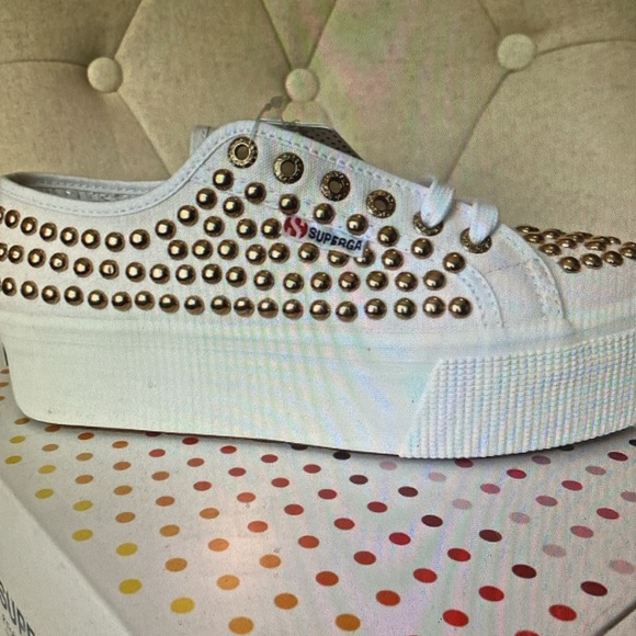 🌼Spring Sale🌼 Superga White Gold Stud Platform CanvasSneakers NIB NWOT Size9.5 - Picture 9 of 16